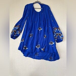 Free People Blue Embroidered Mini Dress Boho Tunic Dress Size med